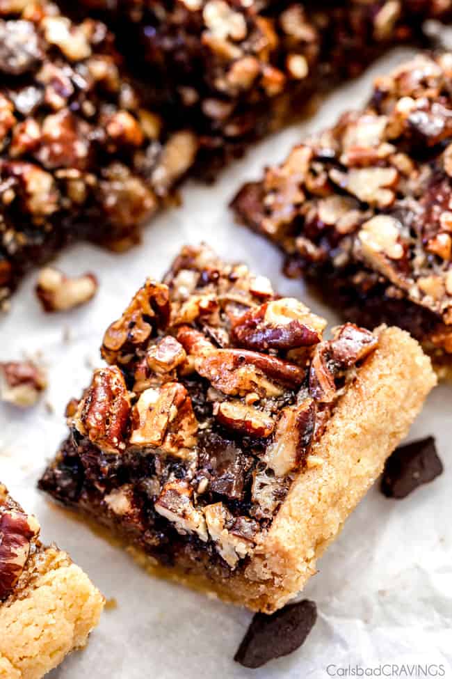 Close up of Chocolate Chunk Pecan Pie Bars.