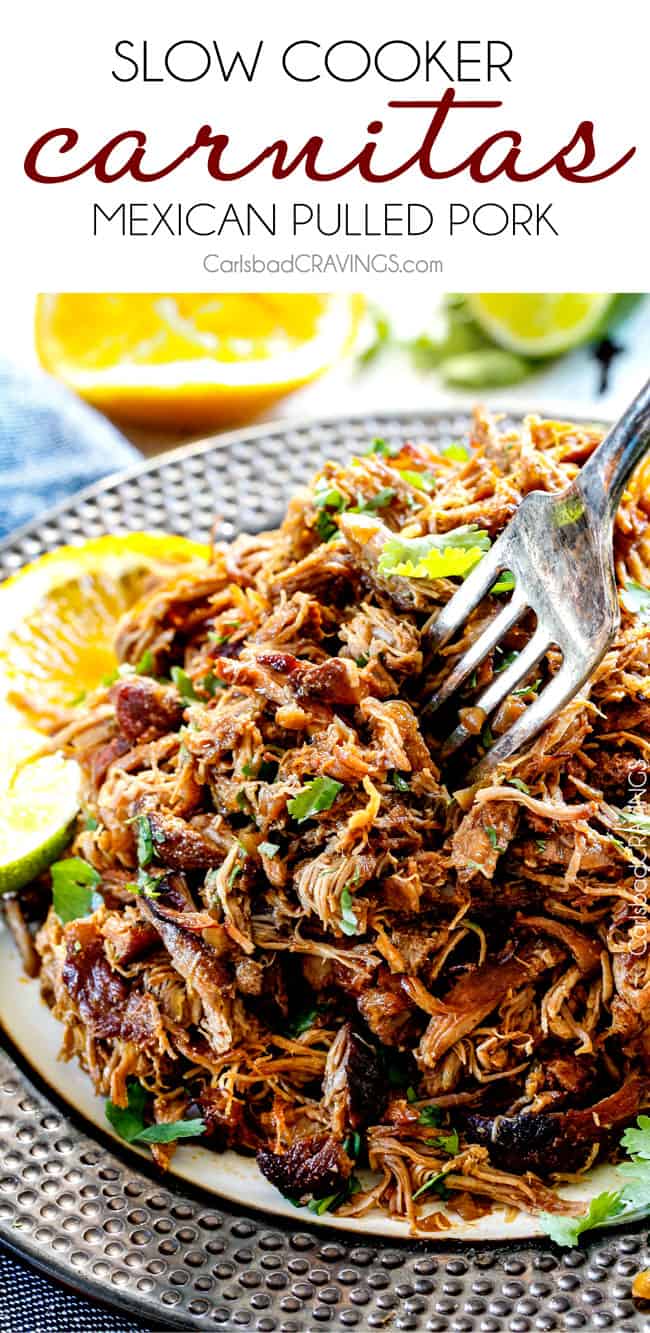 Slow Cooker Pork Carnitas on a plate garnished with cilantro