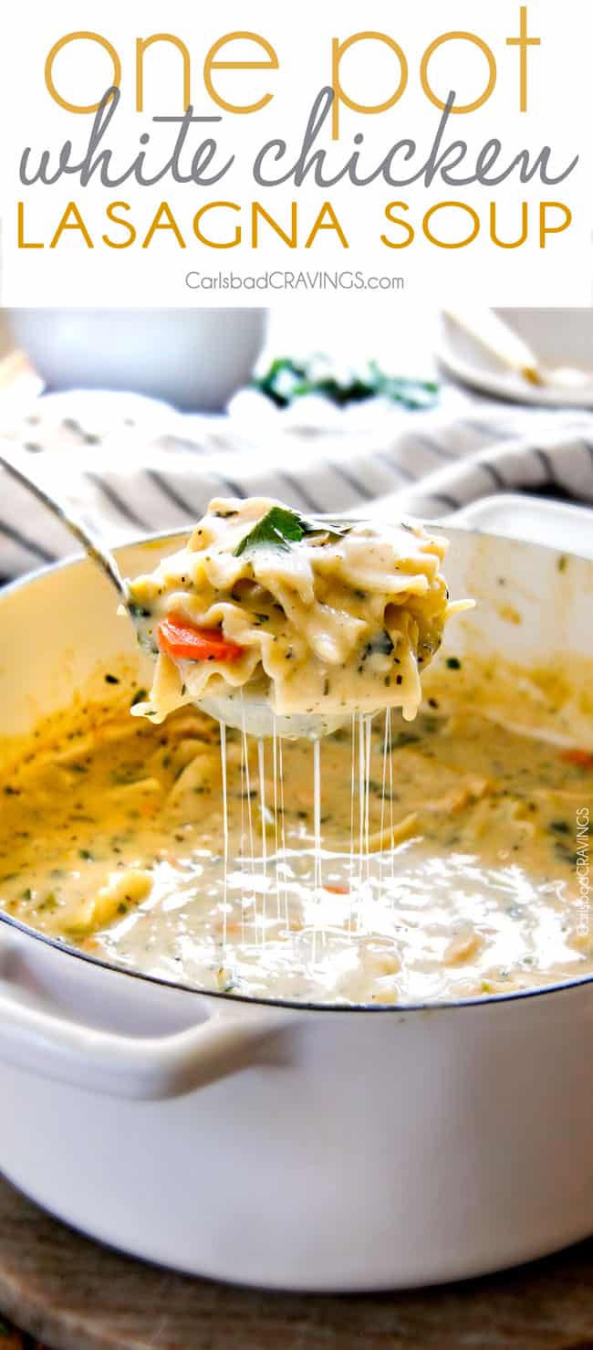 White Chicken Lasagna Soup served with a spoon.