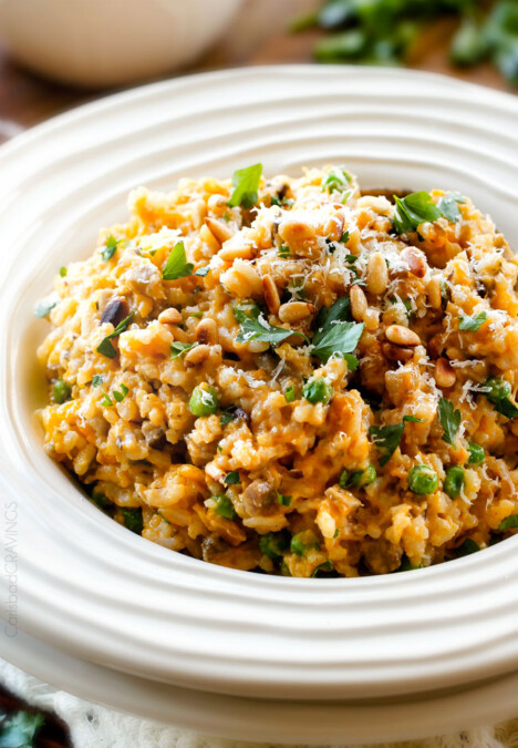 No Babysitting, easy, creamy BAKED Butternut Squash Risotto! This simple to prepare risotto is wonderfully smooth and creamy, seasoned to perfection and is absolutely fool proof! It makes the most amazing Thanksgiving or holiday side but is easy enough for every day!