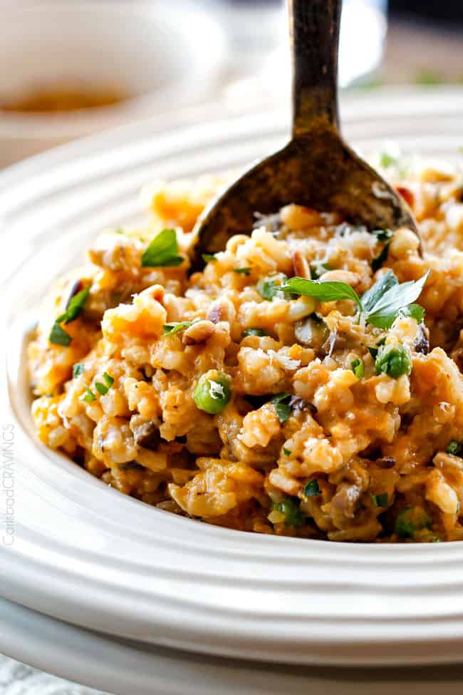 No Babysitting, easy, creamy BAKED Butternut Squash Risotto with Pine Nuts and Pepper Jack! This simple to prepare risotto is wonderfully smooth and creamy, seasoned to perfection and is absolutely fool proof! It makes the most amazing Thanksgiving or holiday side but is easy enough for every day! up close of a spoon of butternut squash risotto in a white disih