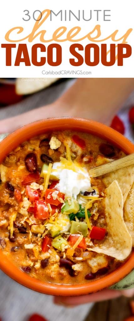 Less than 30 minutes for this ONE POT Cheesy Taco Soup! This is the ultimate comforting soup packed with all your favorite taco flavors and is SO easy and great for crowds! You havenโt had taco soup until you try this version!