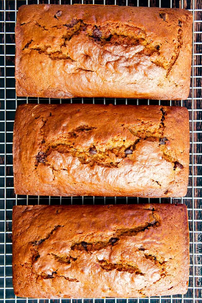 My Momโs Famous Chocolate Chip Pumpkin Bread! So incredibly moist, infused with cinnamon, cloves and nutmeg with only 2 bowls and one whisk required! Everyone will BEG you for this recipe! showing how to make pumpkin bread by cooling moist pumpkin bread on a cooling rack