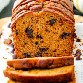 My Momโs Famous Chocolate Chip Pumpkin Bread! So incredibly moist, infused with cinnamon, cloves and nutmeg with only 2 bowls and one whisk required! Everyone will BEG you for this recipe!