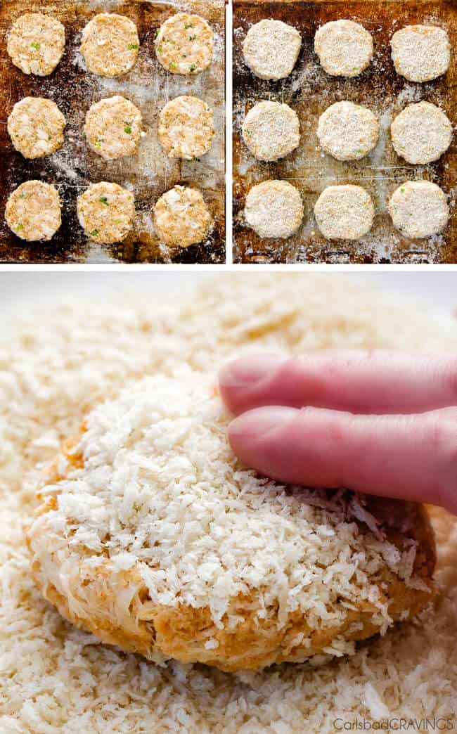 Easy, extra crispy, restaurant quality Crab Cakes right in your own home! Crispy on the outside, moist, juicy, flavor packed on the inside with the BEST DIP ever!! You can also make ahead of time for stress free appetizers! a collage showing how to make crab cakes by forming patties, freezing then covering with panko