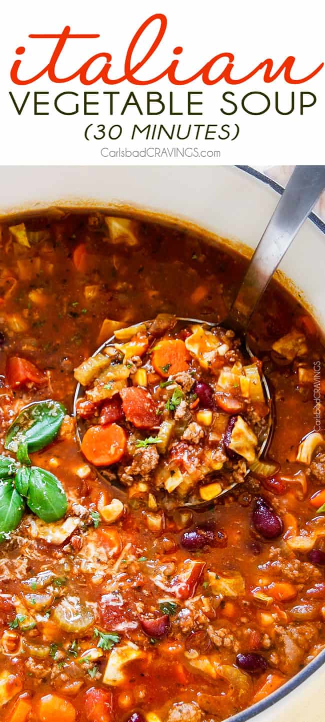 30 minute Italian Vegetable Soup โ This is the BEST version I have tried โ my family begs me to make this soup! hearty, comforting chunks of ground beef and veggies in an Italian spiced tomato broth - SO good and easy!