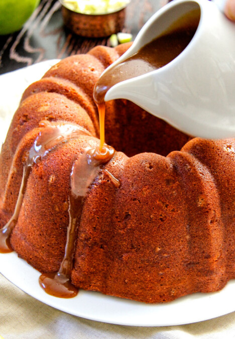 My FAVORITE apple cake! Toffee Apple Pound Cake with the most incredible Spiced Caramel bursting with sweet toffee bits and apples in every bite! Everyone goes crazy over this cake!