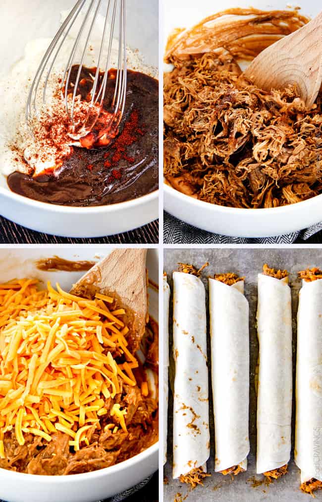 Showing how to make BBQ Pork Taquitos mixing spices with the pork.