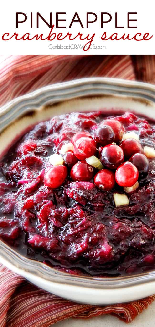 Pineapple Cranberry Sauce โ so much better than canned and SO easy! Sweet and tangy and so company rave worthy! This will be your new favorite cranberry sauce for Thanksgiving!