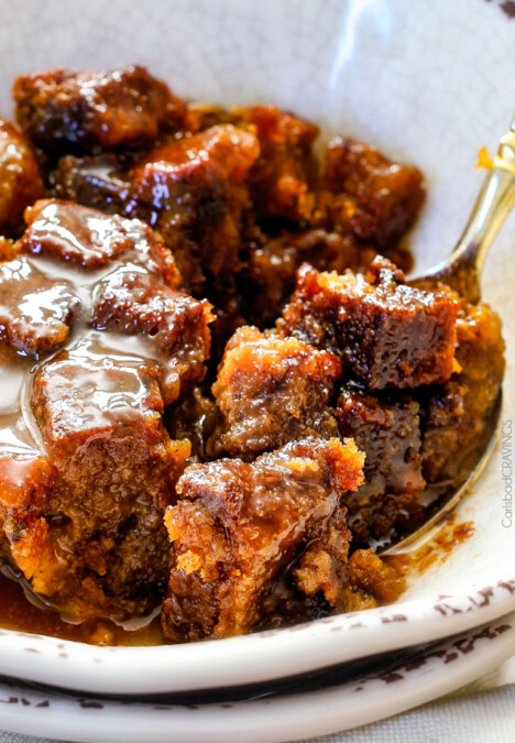 showing how to serve pumpkin bread by pouring caramel over top and eating in a bowl with a spoon