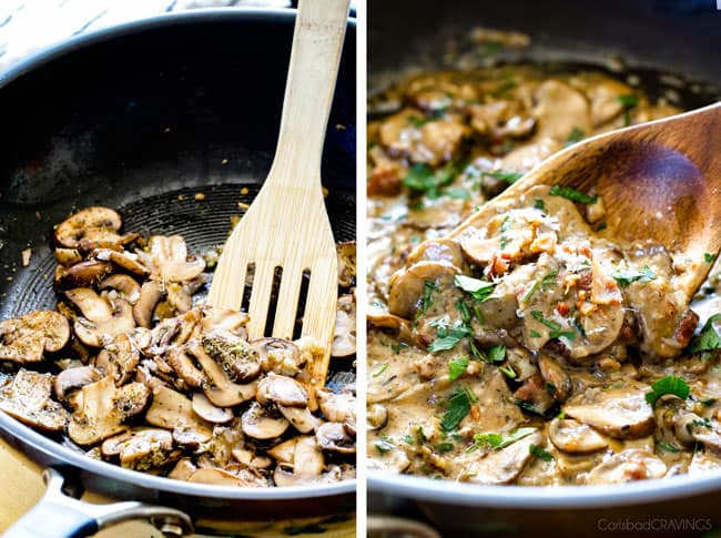 I chose to useย cremini mushrooms because they are more mature than white mushrooms which means they boast aย more developed flavor andย are firmer so they stand up better when simmered. ย And these Green Beans will stand up to even your toughest critics. Showing how to make Roasted Green Beans with Bacon by making bacon mushroom sauce