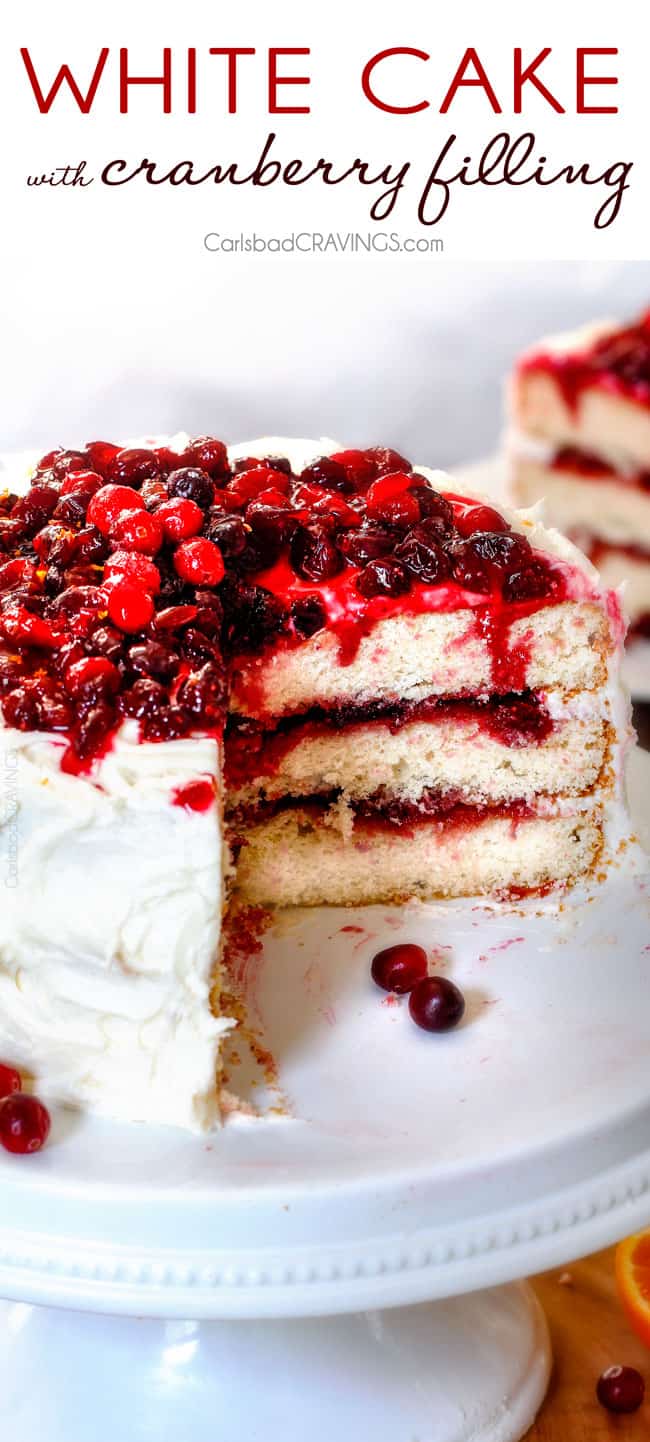 White Cake with Cranberry Filling and Buttercream Frosting.
