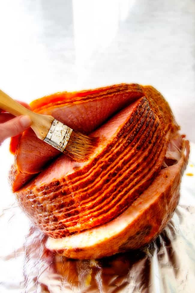 Showing how to glaze Maple Glazed ham with a brush.