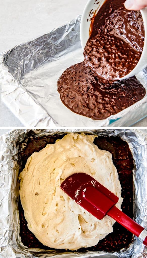 Showing how to make Chocolate Caramel Peanut Butter Fudge pouring into a pan.