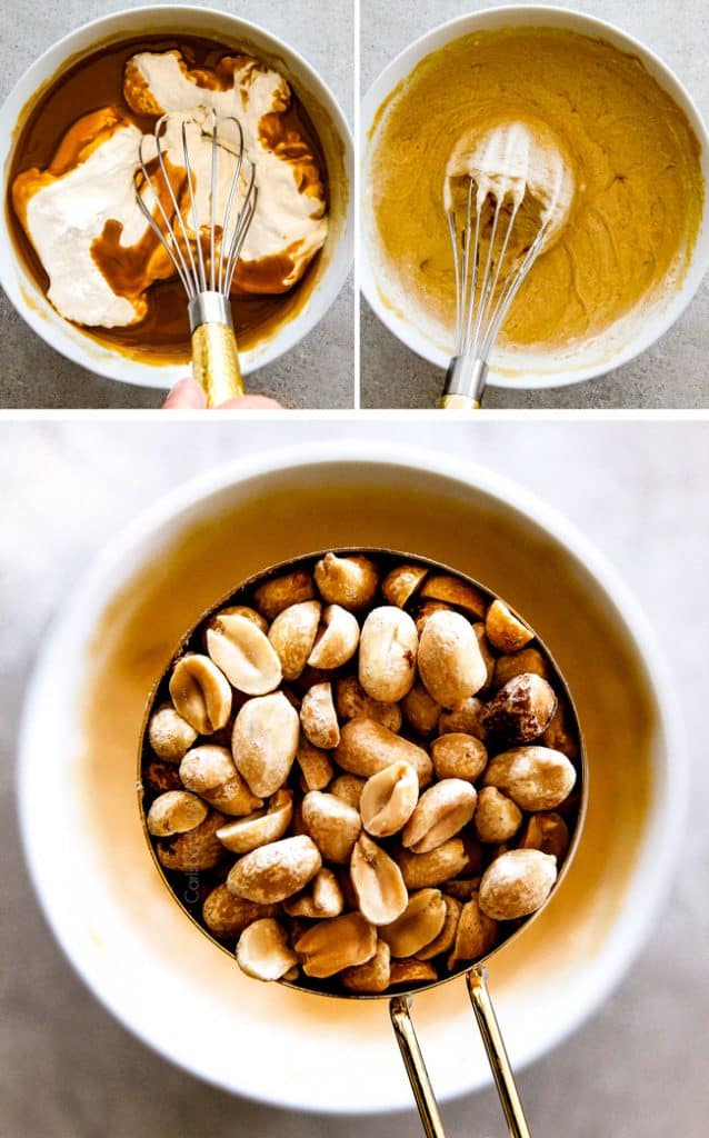 Showing how to make Chocolate Caramel Peanut Butter Fudge adding peanuts.