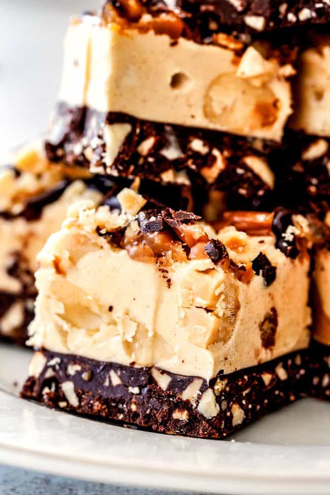 EASY Chocolate Caramel Peanut Butter Fudge with NO boiling and no candy thermometer! I made these for Thanksgiving and they were gone in minutes with everyone begging for the recipe