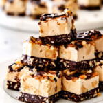 EASY Chocolate Caramel Peanut Butter Fudge with NO boiling and no candy thermometer! I made these for Thanksgiving and they were gone in minutes with everyone begging for the recipe