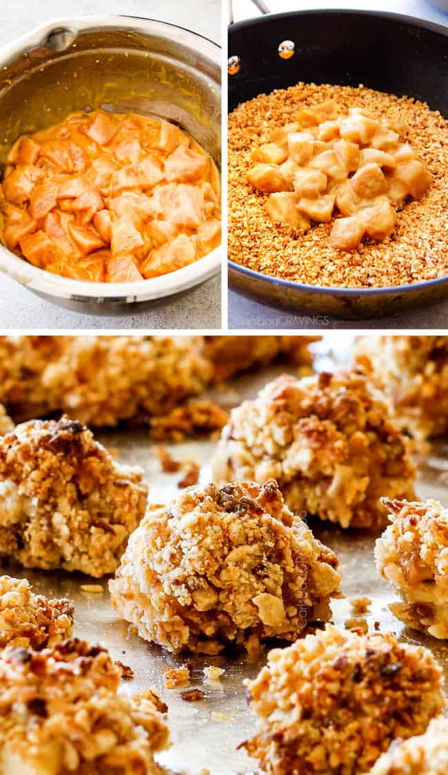 Showing how to make Baked Coconut Cashew Chicken Bites by battering the chicken bites.