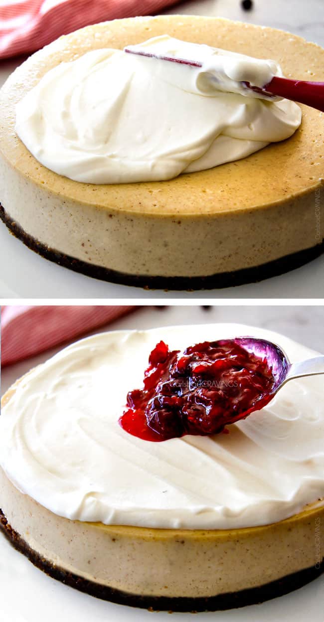 Showing the cranberry filling added to the Cranberry Eggnog Cheesecake.