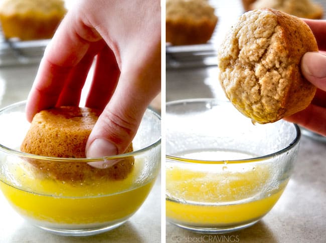 Showing how to make Nutella Stuffed Snickerdoodle Muffins by dipping in butter.