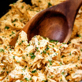 Slow Cooker Fiesta Ranch Cream Cheese Chicken is wonderfully creamy, seasoned to perfection and is as easy as dump and run! It makes the perfect make ahead filling for taquitos, tacos and burritos!