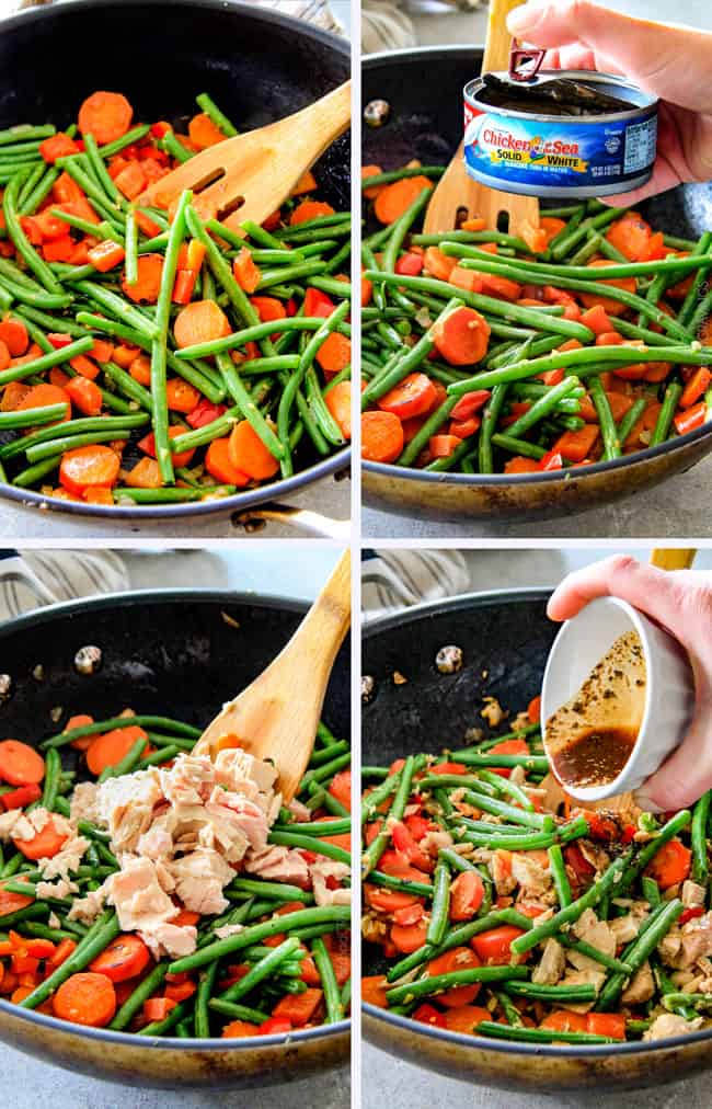 Showing how to make Tuna Veggie Bowls mixing tuna and vegetables.