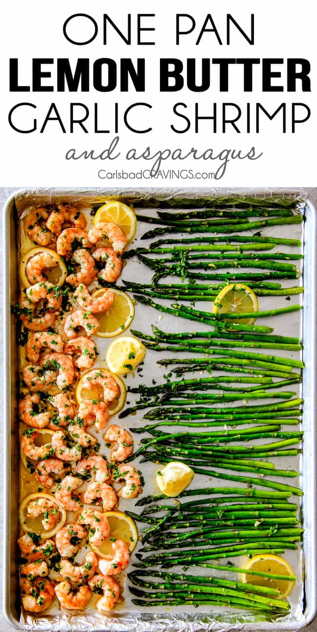 One Pan Roasted Lemon Butter Garlic Shrimp and Asparagus bursting with flavor and on your table in 15 MINUTES!ย No joke!ย The easiest, most satisfying meal that tastes totally gourmet!