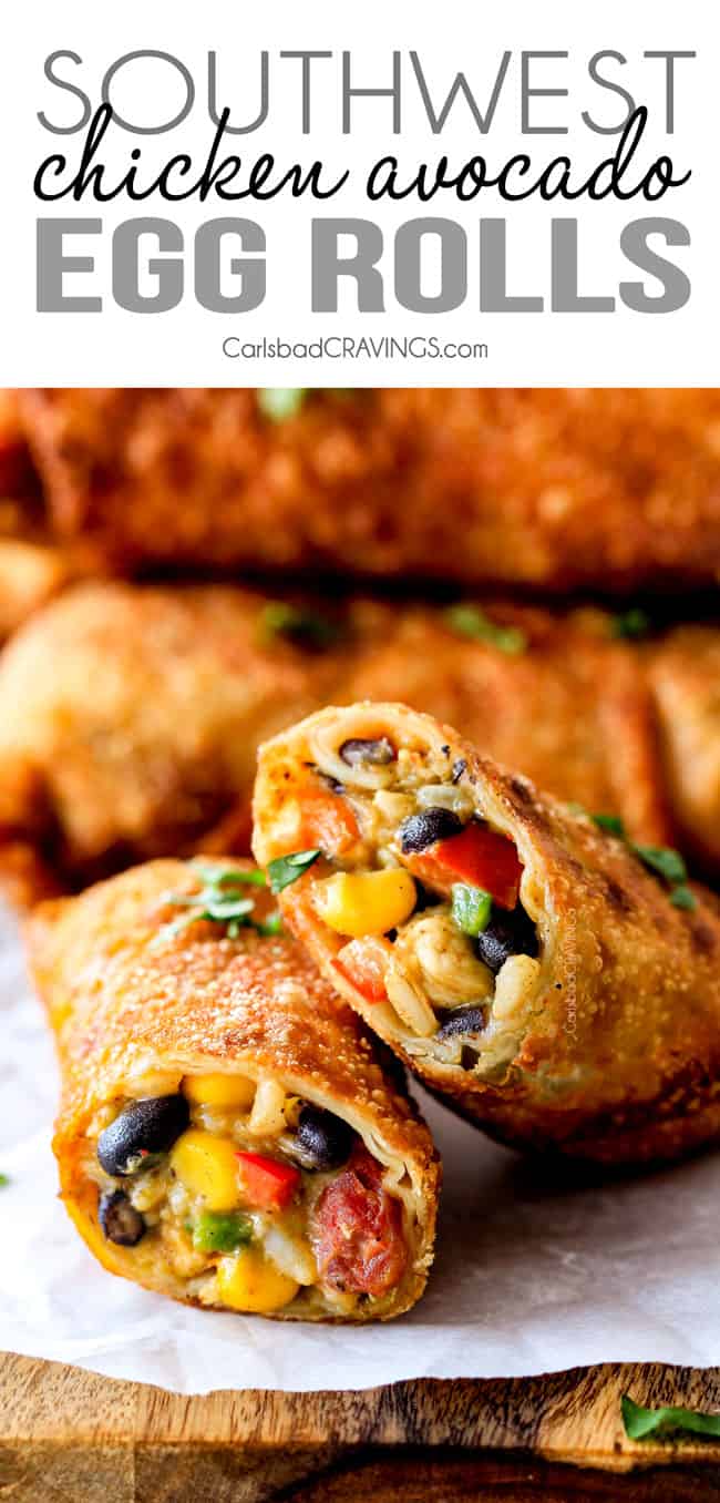 CRISPY Southwest Egg Rolls loaded with Mexican spiced chicken, beans, tomatoes, rice, avocado and cheese! These eggrolls are unreal! So much flavor and texture! And don't skip the Cilantro Lime Ranch Dip - its heaven! up close of two southwest egg rolls cut open with chicken, corn, black beans, tomatoes and avocao