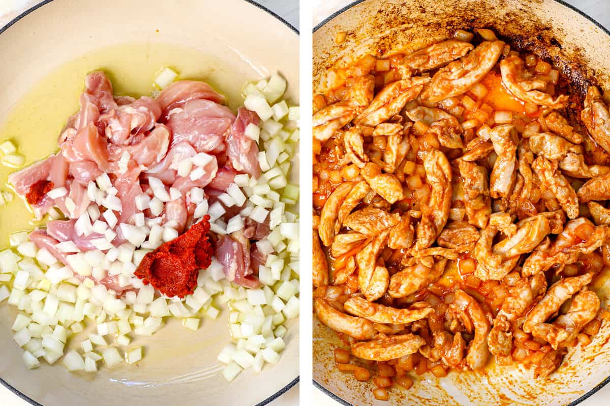 a collage showing how to make Thai red curry recipe by adding chicken, onion, and red curry paste to sizzling oil in a hot skillet and cooking just until chicken is mostly opaque/no longer pink.