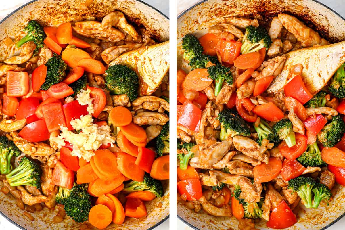 a collage showing how to make Thai chicken curry by adding the broccoli, bell peppers, carrots, ginger, and garlic and stir frying with the chicken and red curry paste