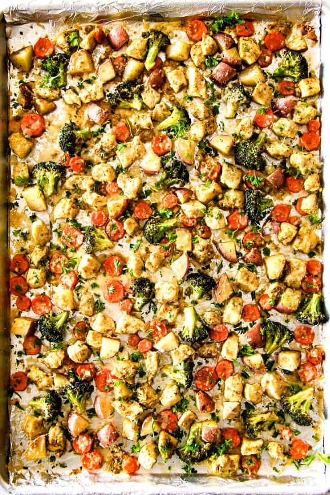 Baked Sheet Pan Parmesan Pesto Chicken with Potatoes, Broccoli and Carrots.