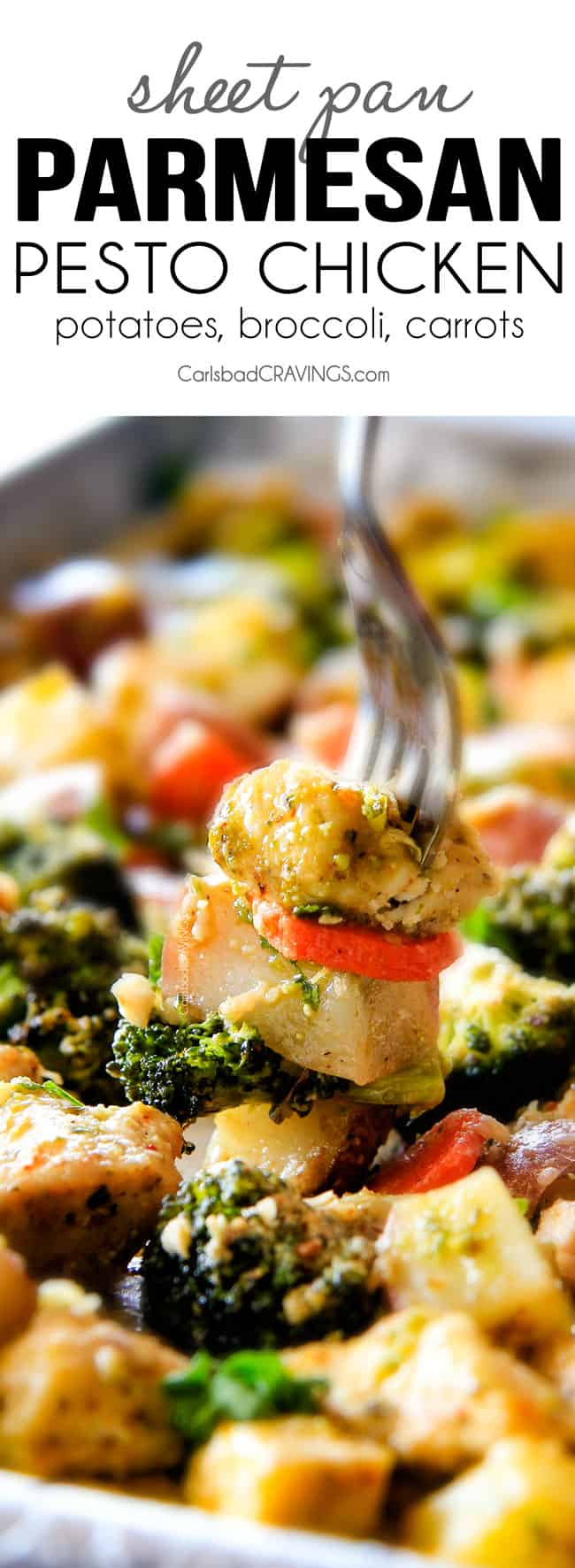 Sheet Pan Parmesan Pesto Chicken with Potatoes, Broccoli and Carrots