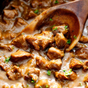 Ridiculously tender, Homemade Slow Cooker Beef Tips and Gravy (without any โcream ofโ anything!) is richly satisfying, comforting and flavorful and the perfect make ahead meal for busy weeknights! I also love serving it for special occasions or holidays because it is so easy, make ahead and super easy to double or triple the recipe!