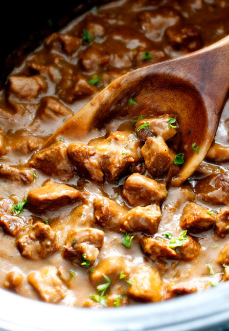 Ridiculously tender, Homemade Slow Cooker Beef Tips and Gravy (without any โcream ofโ anything!) is richly satisfying, comforting and flavorful and the perfect make ahead meal for busy weeknights! I also love serving it for special occasions or holidays because it is so easy, make ahead and super easy to double or triple the recipe!
