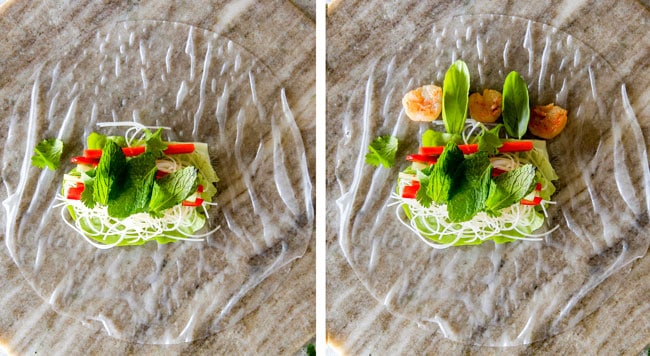 These insanely delicious Fresh Shrimp Spring Rolls are a flavor and texture explosion in every addictive bite and super easy to make with all my tips and tricks and step by step photos! and the the Pineapple Hoisin Peanut Sauce is EVERYTHING! a collage showing how to make Vietnamese Spring Rolls by layering vegetables with mint, cilantro, basil and shrimp