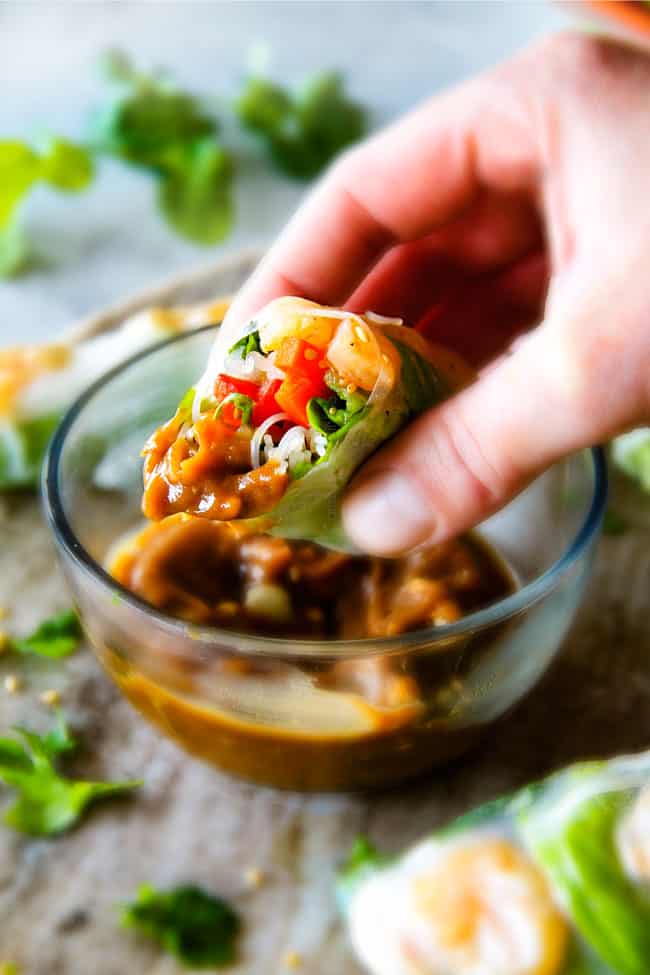 These insanely delicious Fresh Shrimp Spring Rolls are a flavor and texture explosion in every addictive bite and super easy to make with all my tips and tricks and step by step photos! and the the Pineapple Hoisin Peanut Sauce is EVERYTHING!