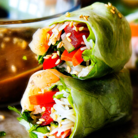 These insanely delicious Fresh Shrimp Spring Rolls are a flavor and texture explosion in every addictive bite and super easy to make with all my tips and tricks and step by step photos! and the the Pineapple Hoisin Peanut Sauce is EVERYTHING!