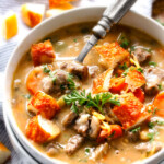 ONE POT Philly Cheesesteak Soup - My family LOVES this soup, we make at least twice a month! Its bursting with steak, peppers, onions, mushrooms in a flavor exploding cheesy soup all topped with cheesy seasoned croutons!