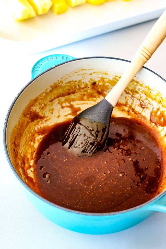 the BEST Caramelized Grilled Pineapple glazed with the moist irresistible buttery, tangy Brown Sugar Chili Glaze! You will never want to eat pineapple any other way again! Serve it as an easy appetizer, side or even dessert all summer long! showing how to make grilled Pineapple by making brown sugar glaze in a pot