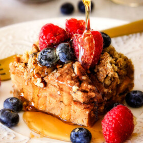 Easy Overnight Dulce de Leche French Toast Casserole infused with wonderfully sweet caramel-like dulce de leche is decadently delicious and all prepared in advance making it ideal for busy or special occasion breakfast. And don't skip the Brown Sugar Pecan Topping - its out of this world!