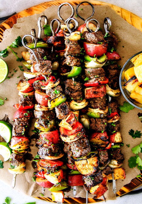 Brazilian Steak Kabobs with Potatoes, Onions and Peppers- Oh my goodness, these were just as good as any Brazilian Steakhouse! So crazy juicy, exploding with flavor and super easy!