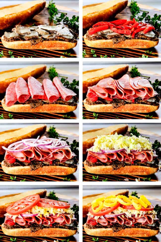 Easy, customizable LOADED Slow Cooker Italian Beef Sandwiches are crazy tender, seeping with flavor and unbelievably delicious! They make the easiest dinner or party food and super fun (make ahead!) sandwich bar! ย a collage showing how to make Italian Beef Sandwiches by topping with provolone, Italian Beef, roasted bell peppers, Genoa Salami, Capacolla, red onions, chopped lettuce, tomatoes and pepperoncini