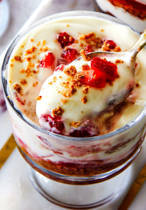 You won't believe how easy these NO BAKE Strawberry Cheesecake Parfaits are - and they taste are even more delicious than they look!  All the fresh and creamy taste of strawberry cheesecake without all the hassle!  