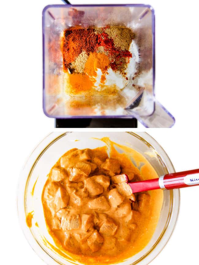 Showing how to make Tandoori Chicken Kabobs blending herbs in a blender.