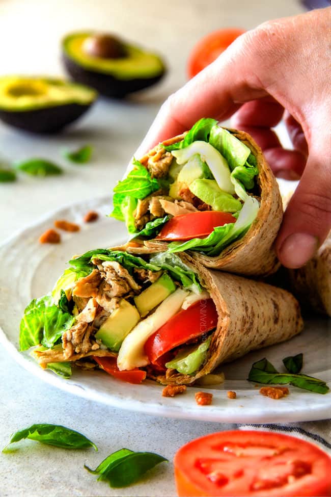 15 MINUTE Avocado Caprese Chicken Wraps ย - I am completely addicted to these wraps and they are totally easy and healthy! they are loaded with the most amazing balsamic chicken, juicy tomatoes, milky mozzarella, creamy avocadoes, crunchy romaine, fresh basil and crispy bacon all wrapped in a soft flatbread. ย seriously, to die for!ย