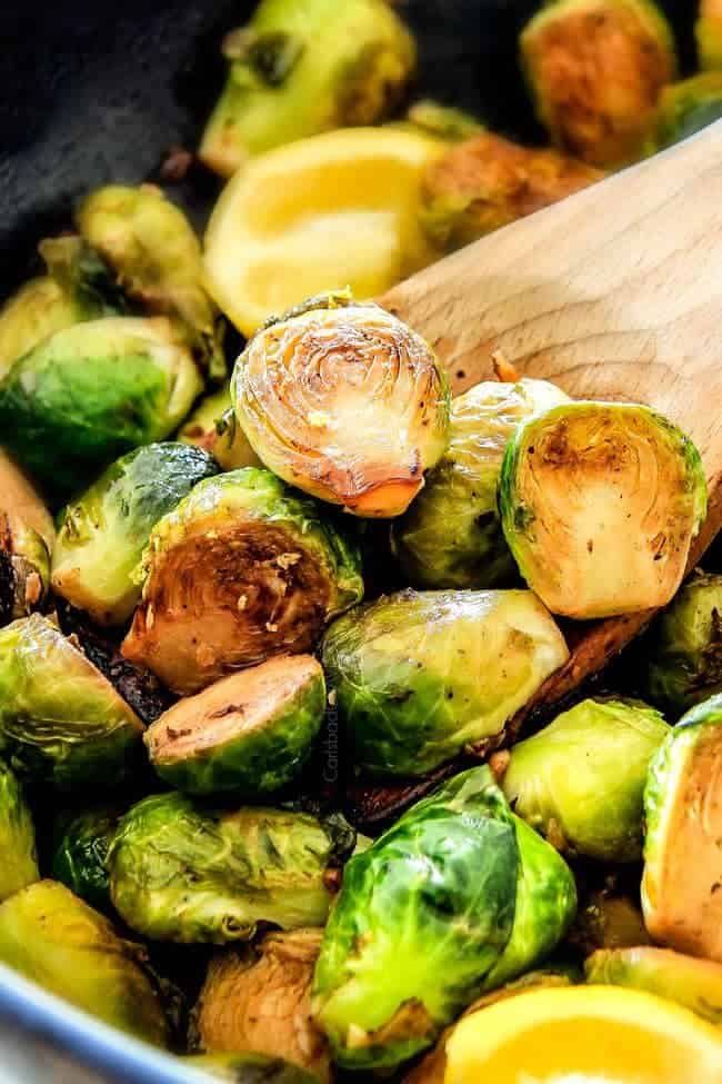 These nutty, caramelized 15 Minute Brussels Sprouts sauteed with garlic, butter and lemon are one of my favorite sides ever and I love the steaming trick for even cooking!