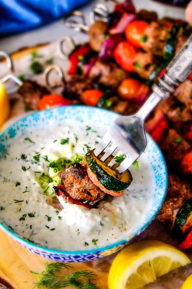 These easy Baked or Grilled Greek Beef Kabobs are so crazy juicy and exploding with flavor in every mouthwatering bite! ย And the creamy, refreshing Whipped Fetaย Whipped Feta Tzatziki Dip is out of this world! ย