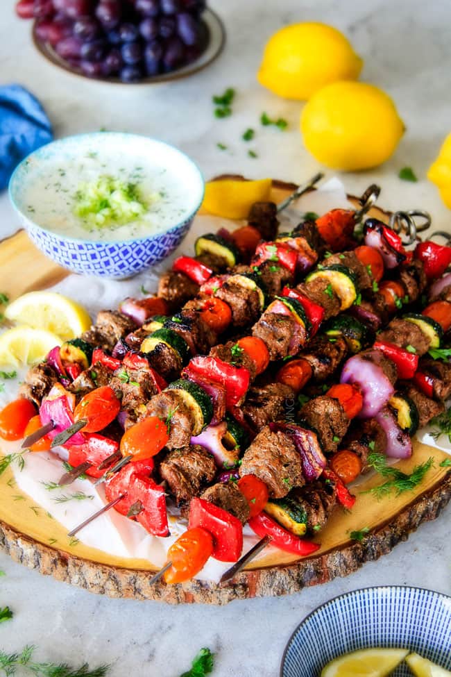 These easy Baked or Grilled Greek Beef Kabobs are so crazy juicy and exploding with flavor in every mouthwatering bite! ย And the creamy, refreshing Whipped Fetaย Whipped Feta Tzatziki Dip is out of this world! ย