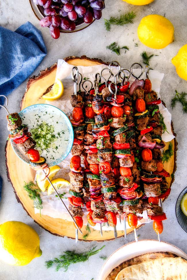 These easy Baked or Grilled Greek Beef Kabobs are so crazy juicy and exploding with flavor in every mouthwatering bite! ย And the creamy, refreshing Whipped Fetaย Whipped Feta Tzatziki Dip is out of this world! ย