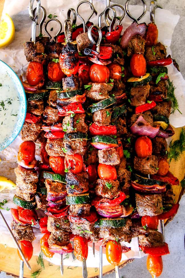 These easy Baked or Grilled Greek Beef Kabobs are so crazy juicy and exploding with flavor in every mouthwatering bite! ย And the creamy, refreshing Whipped Fetaย Whipped Feta Tzatziki Dip is out of this world! ย